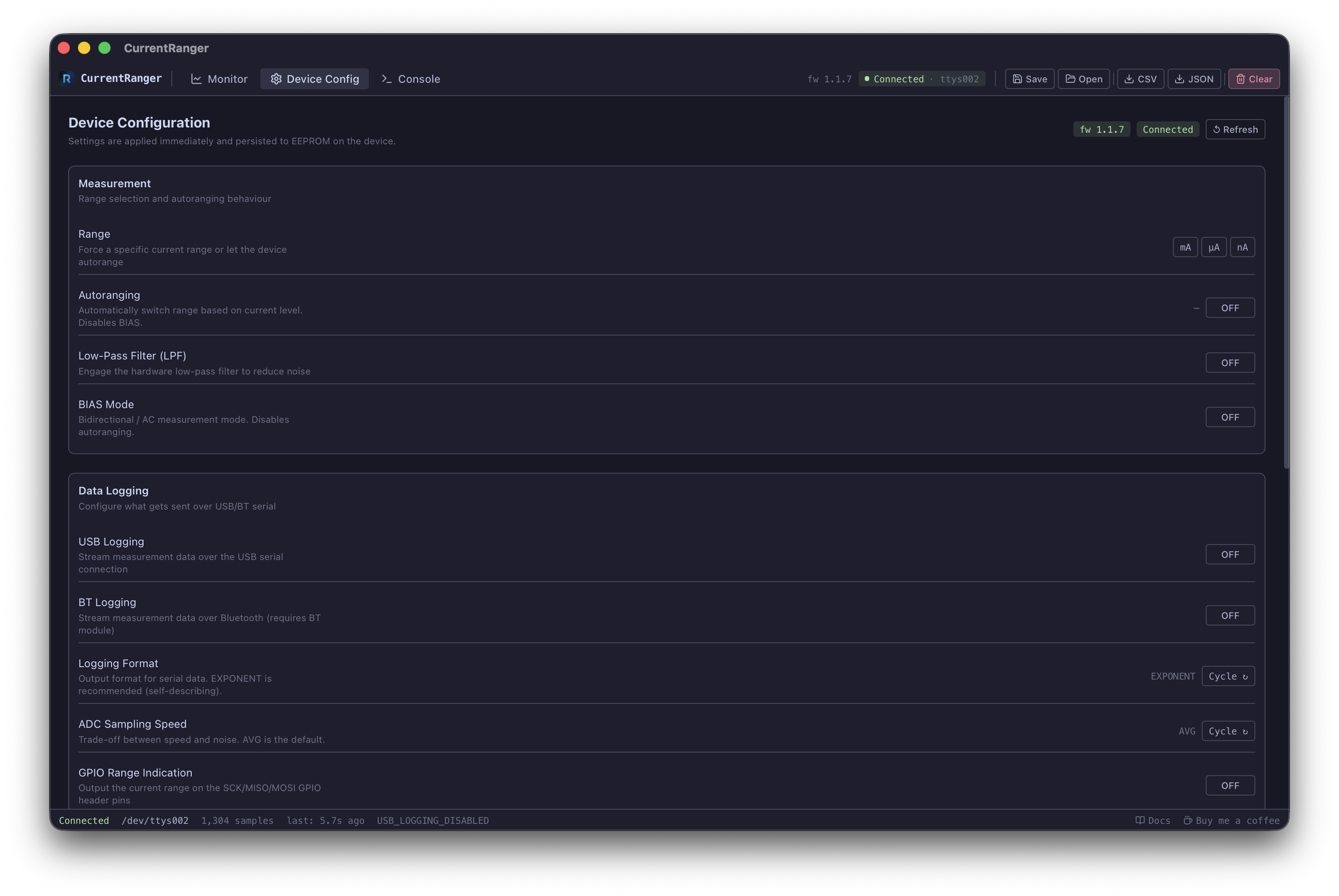 Device configuration panel