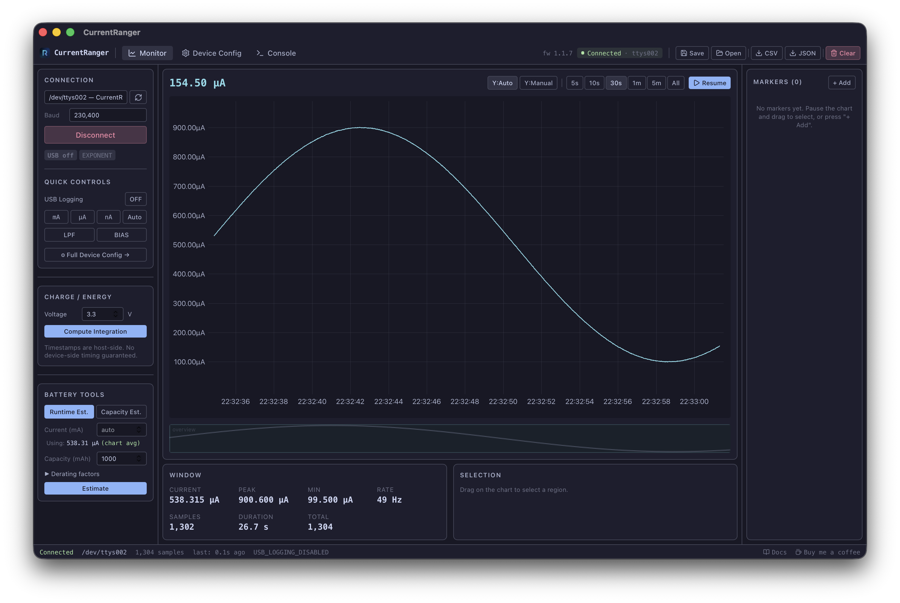 CurrentRanger App — Monitor view